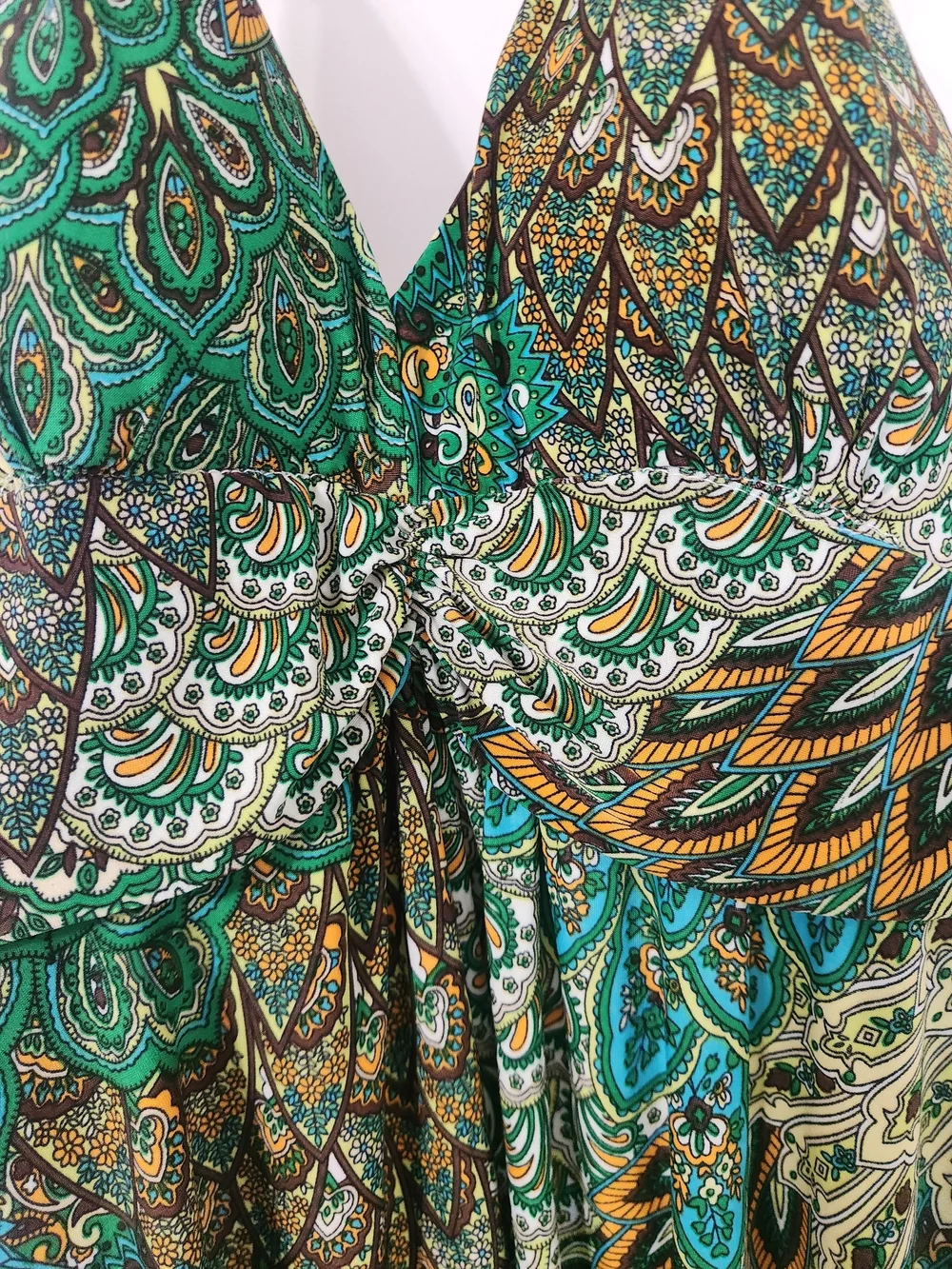 CristinaLove Boho Peacock Colors PaisleyPrint Halter Maxi Dress Wood Bead Detail
